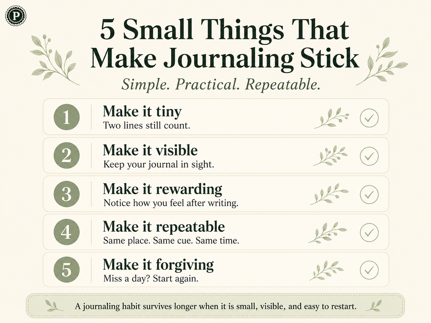 Checklist showing five small things that make a journaling habit easier to keep.