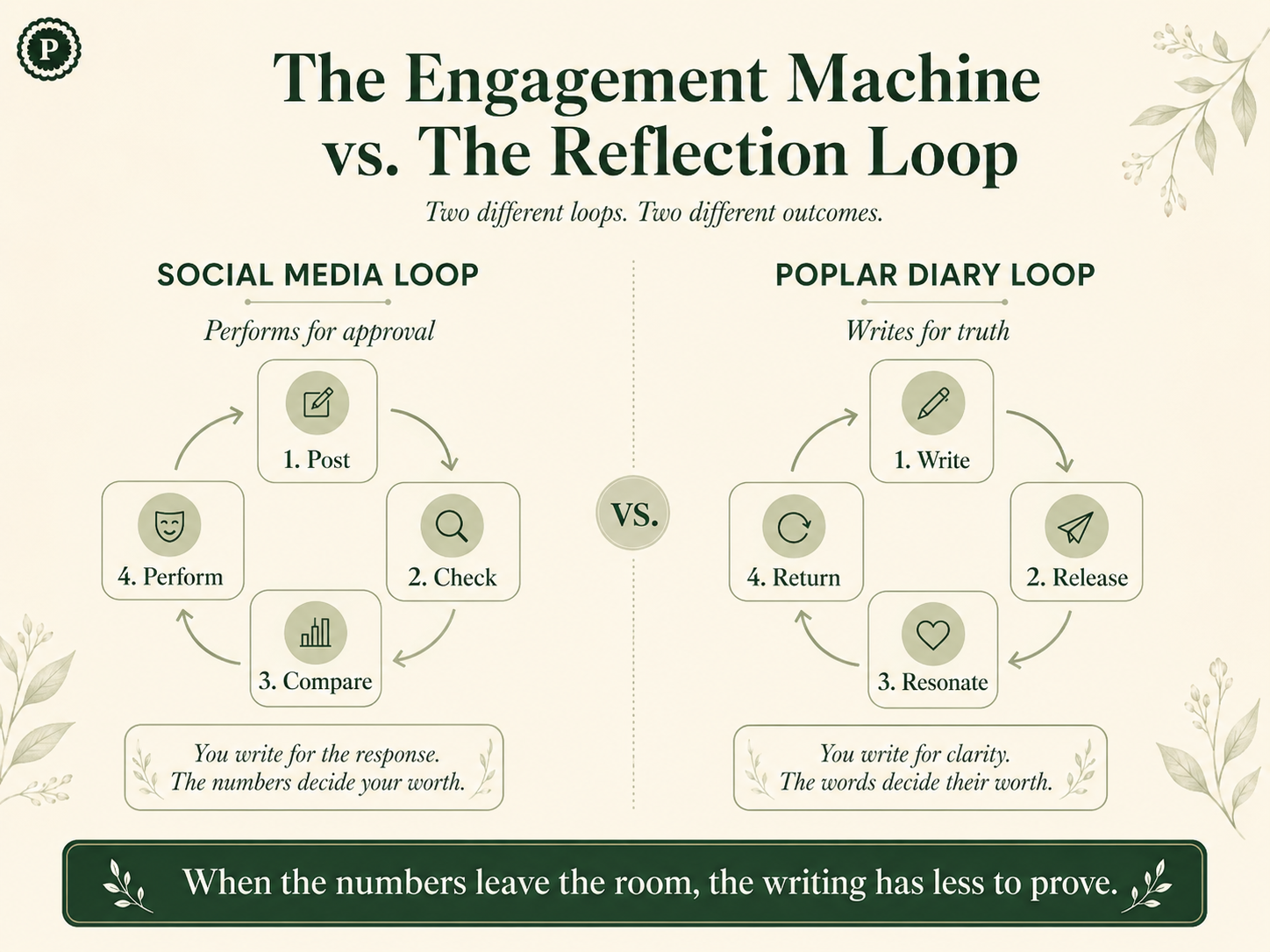Comparison diagram showing how social media likes create a performance loop while a diary without likes creates a reflection loop.