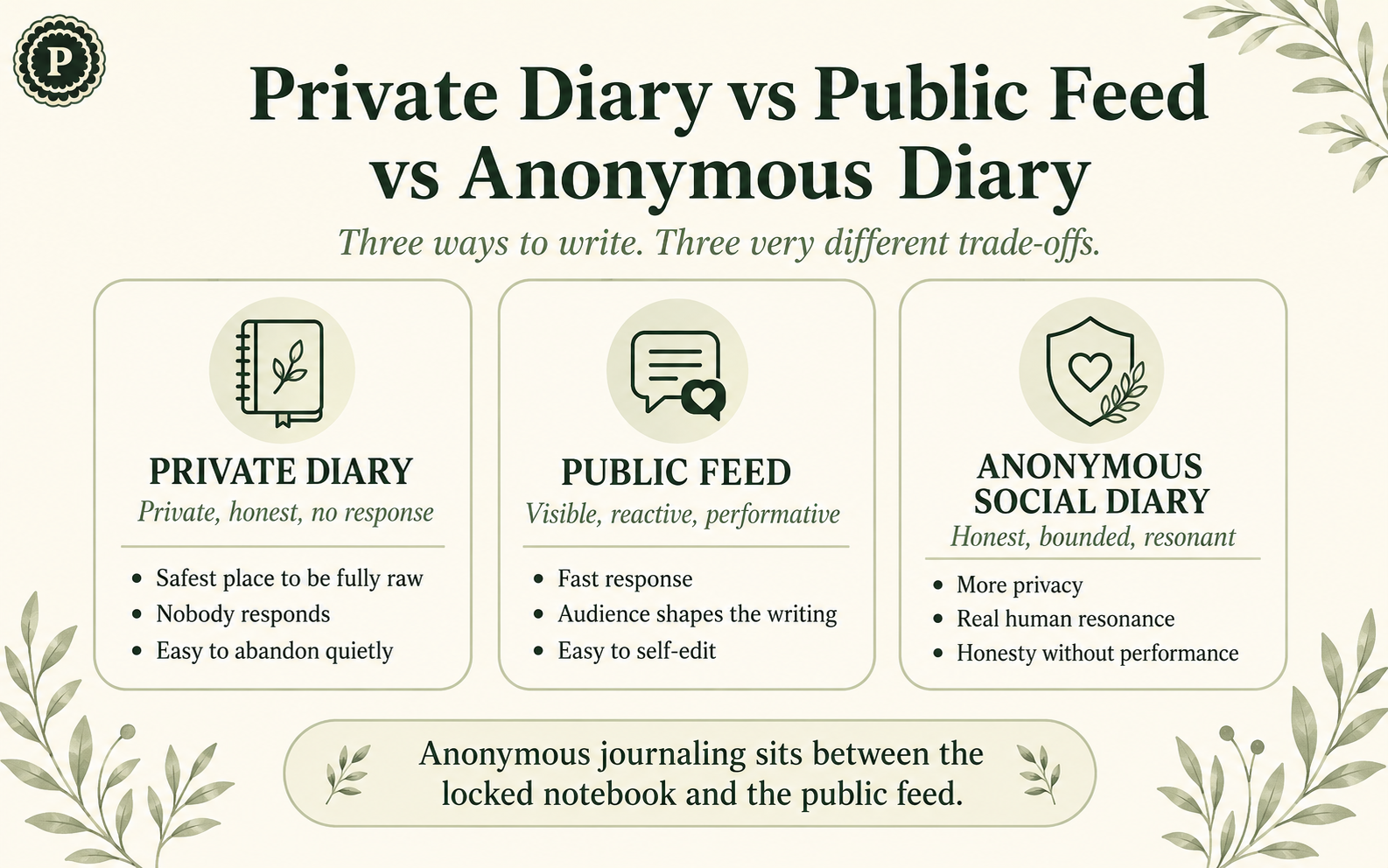 Comparison diagram showing private, public, and anonymous journaling styles.