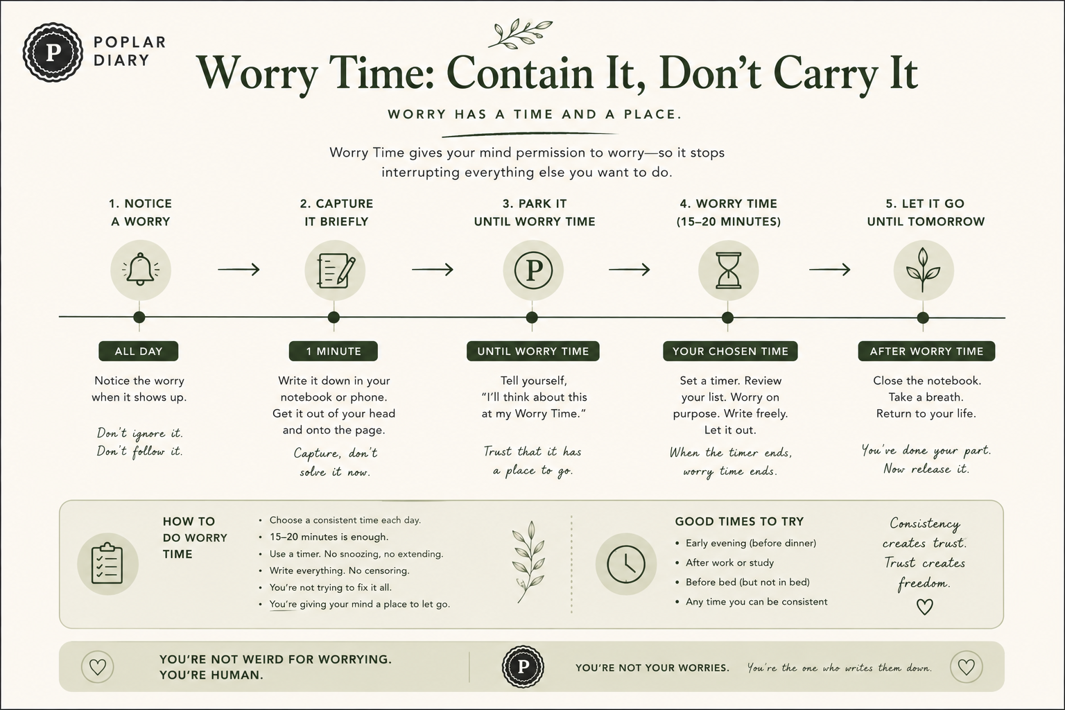Worry time timeline showing how to notice a worry, write it down briefly, park it until a chosen time, process it for 15 to 20 minutes, and let it go.